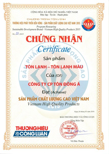 Chứng nhận sản phẩm Tôn lạnh - Tôn lạnh màu đạt sản phẩm chất lượng cao Việt Nam