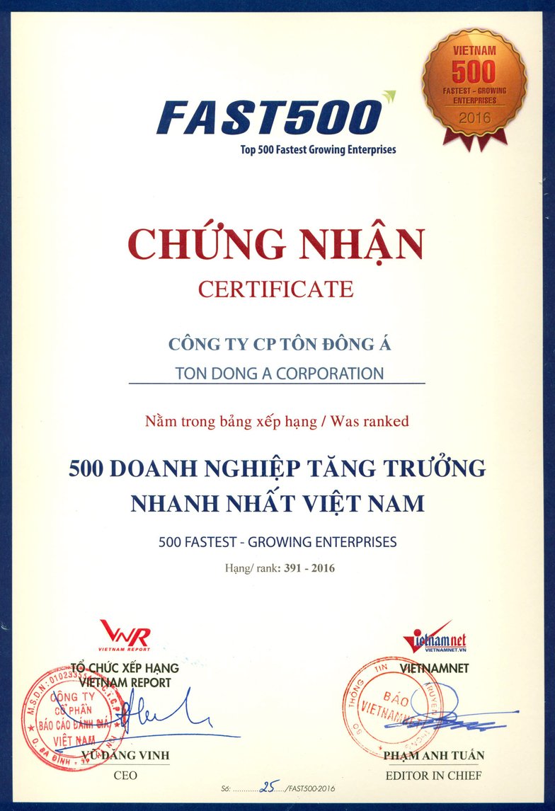 Chứng nhận Top 500 Doanh nghiệp tăng trưởng nhanh nhất Việt Nam