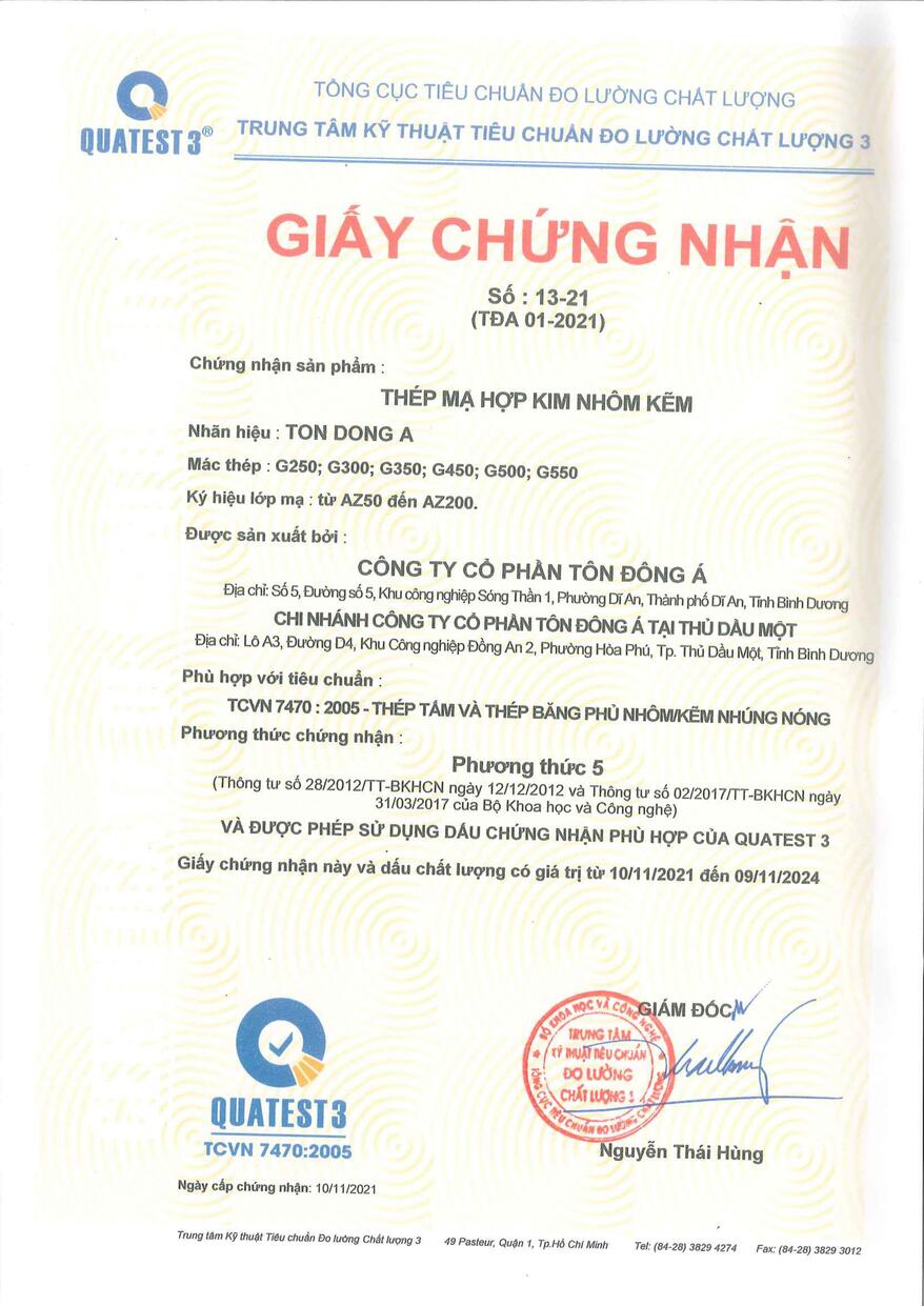 Chứng nhận Thép mạ hợp kim nhôm kẽm - Tiêu chuẩn Việt Nam (TCVN 7470: 2005)