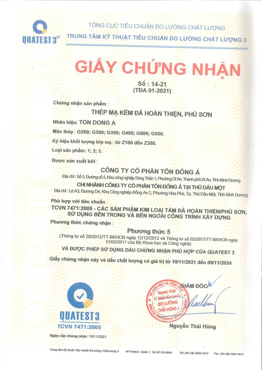 Chứng nhận Thép mạ kẽm hoàn thiện phủ sơn - Tiêu chuẩn Việt Nam (TCVN 7471: 2005)